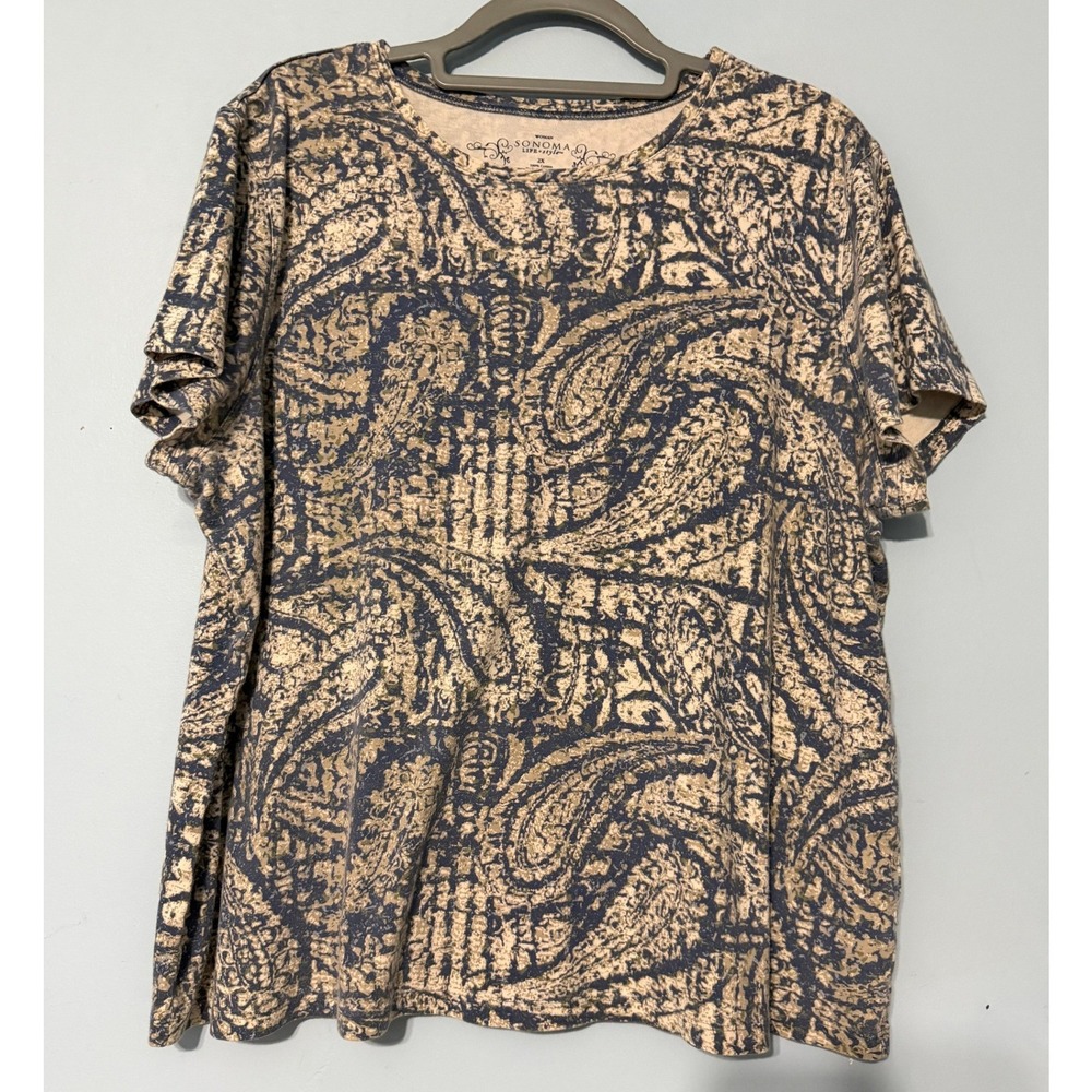 Sonoma Life Style Women's 2X Paisley Blue Tan 100% Cotton Short Sleeve 2257